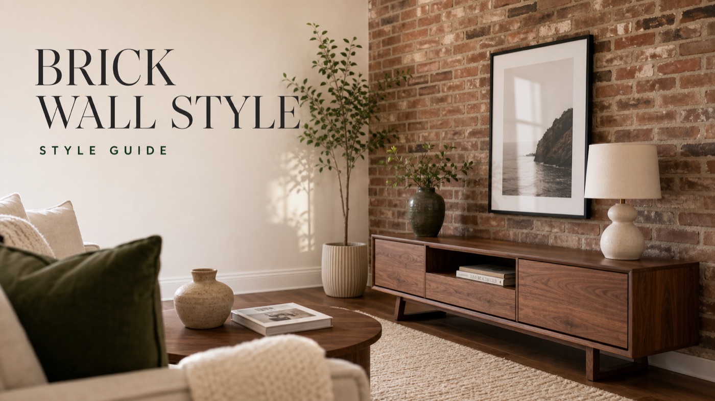POVISON living room furniture paired with exposed brick walls and warm modern styling
