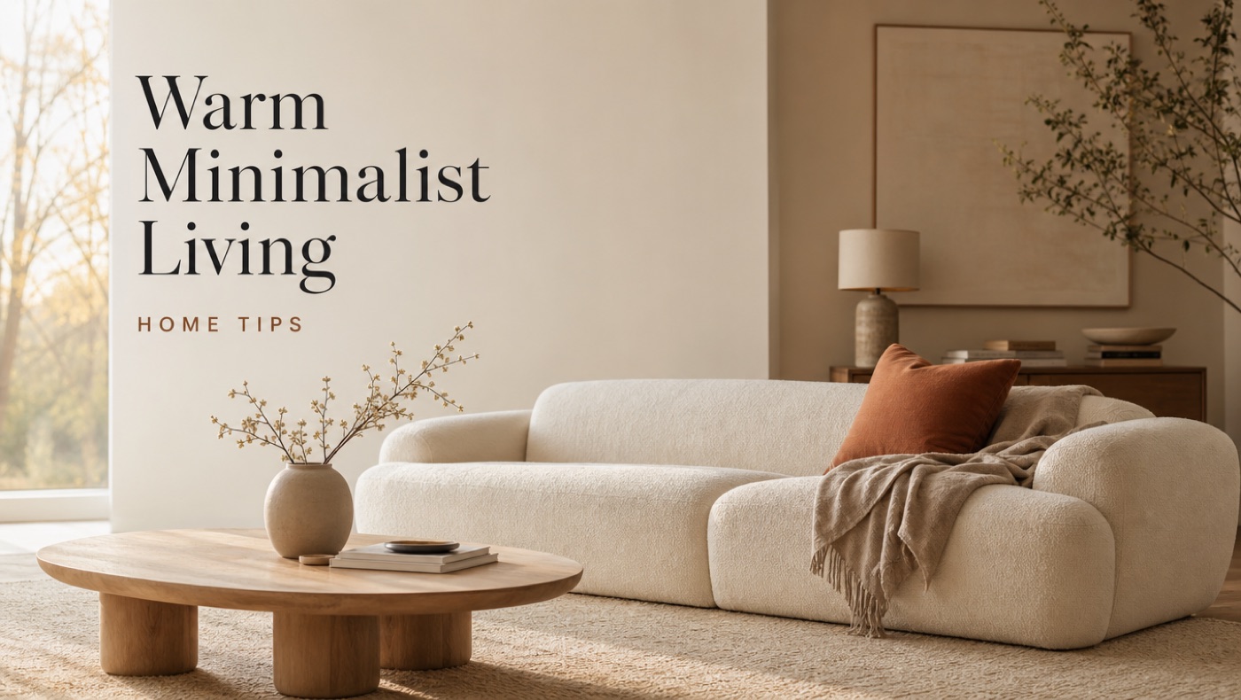 POVISON minimalist living room with warm wood coffee table and soft sofa