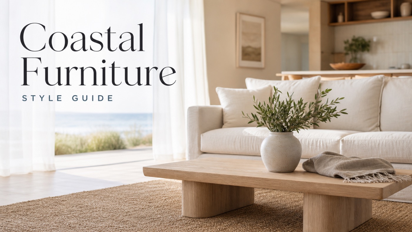 POVISON coastal living room furniture with neutral sofa and light coffee table