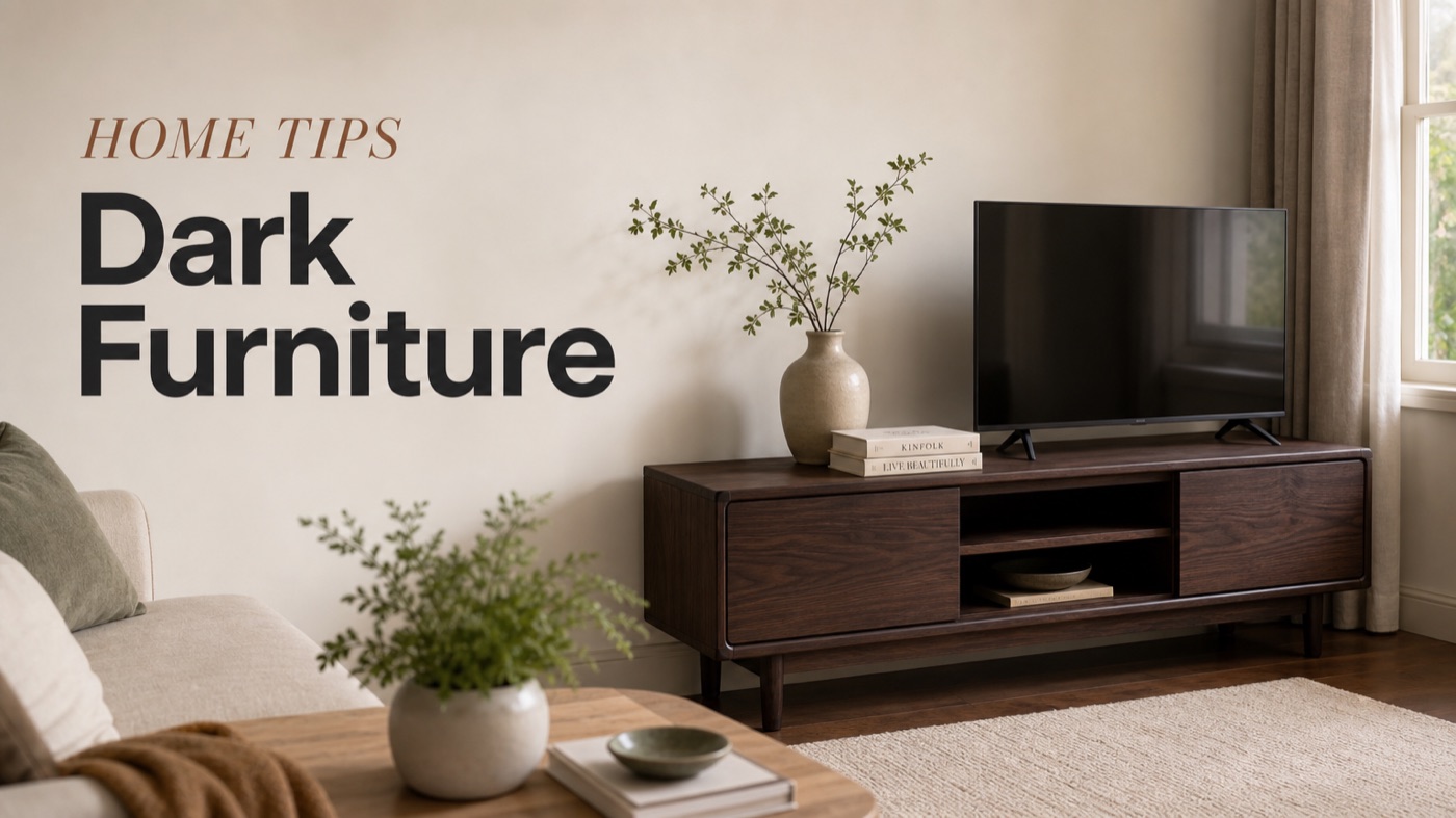 POVISON dark furniture balanced in a small living room