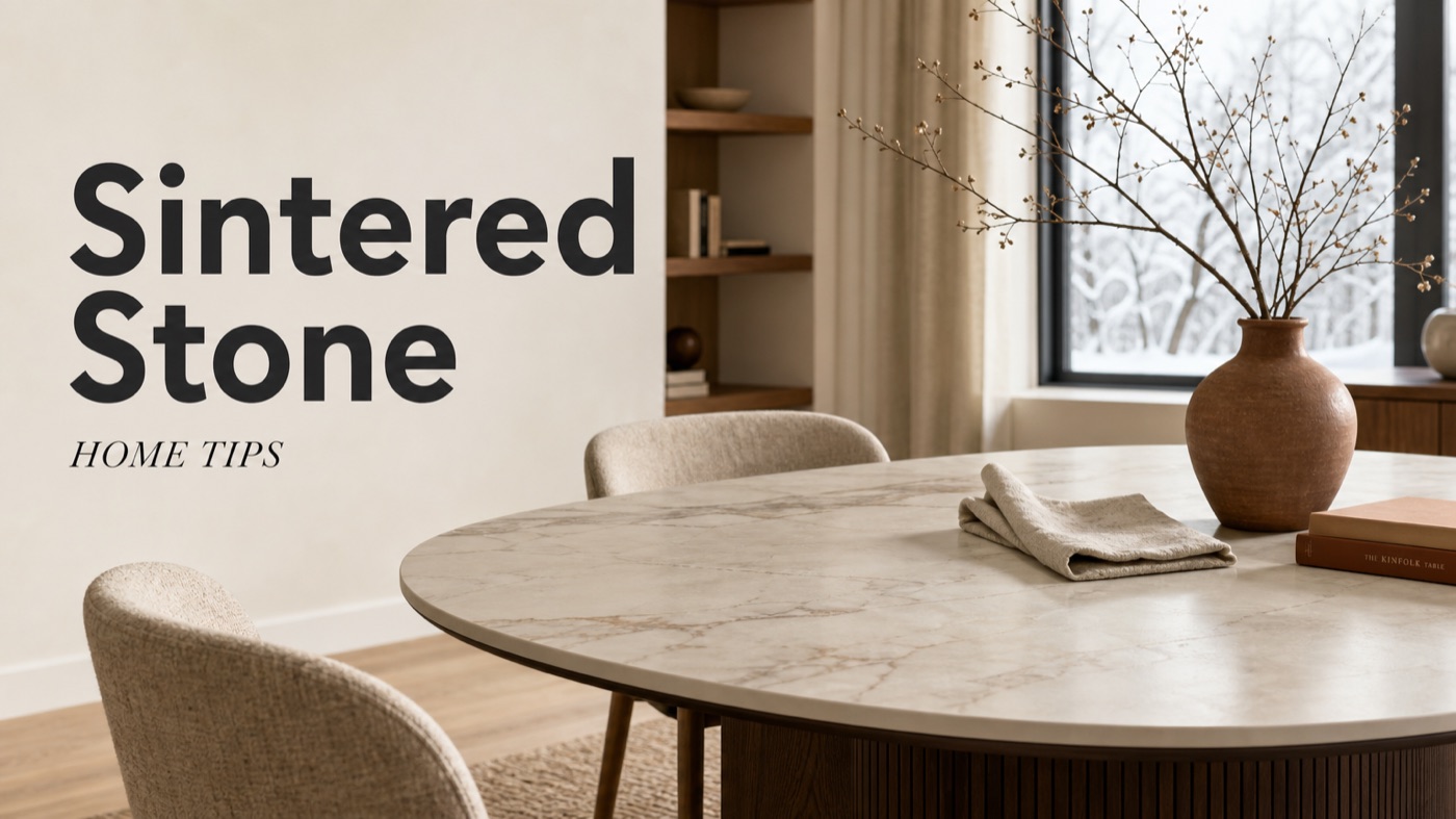 POVISON sintered stone table in a cool indoor dining space