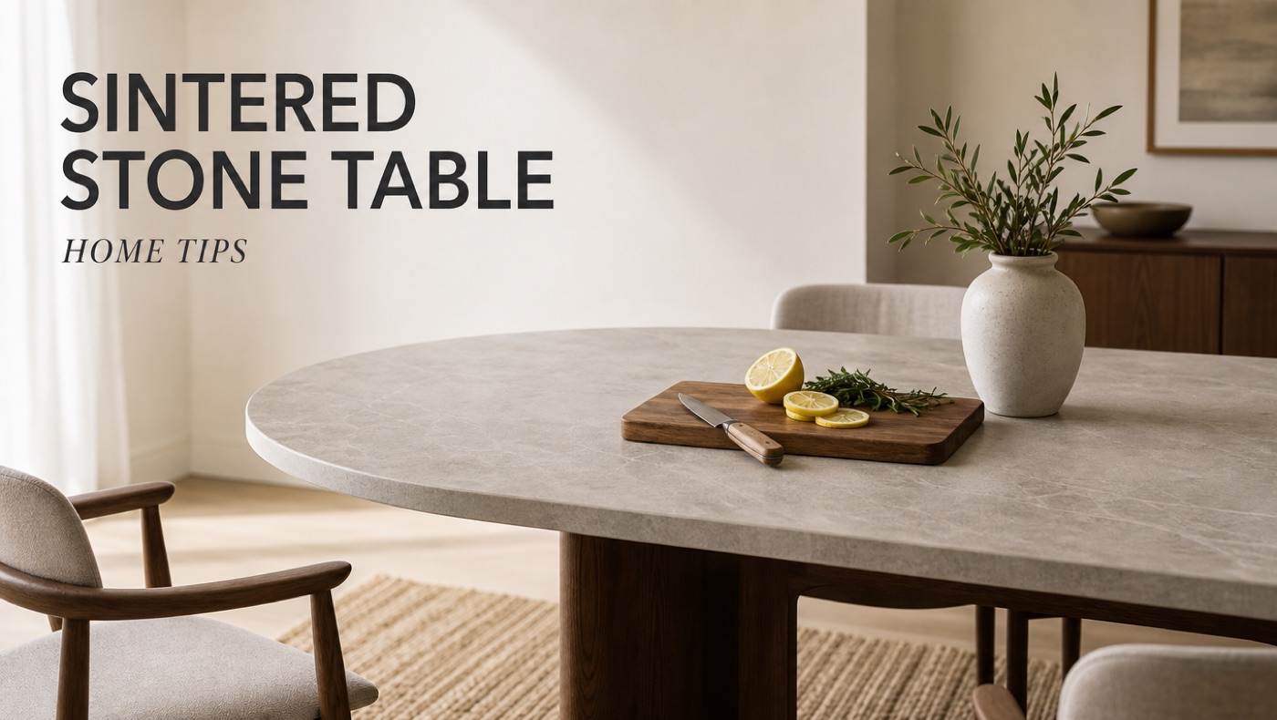 POVISON sintered stone dining table protected with cutting board