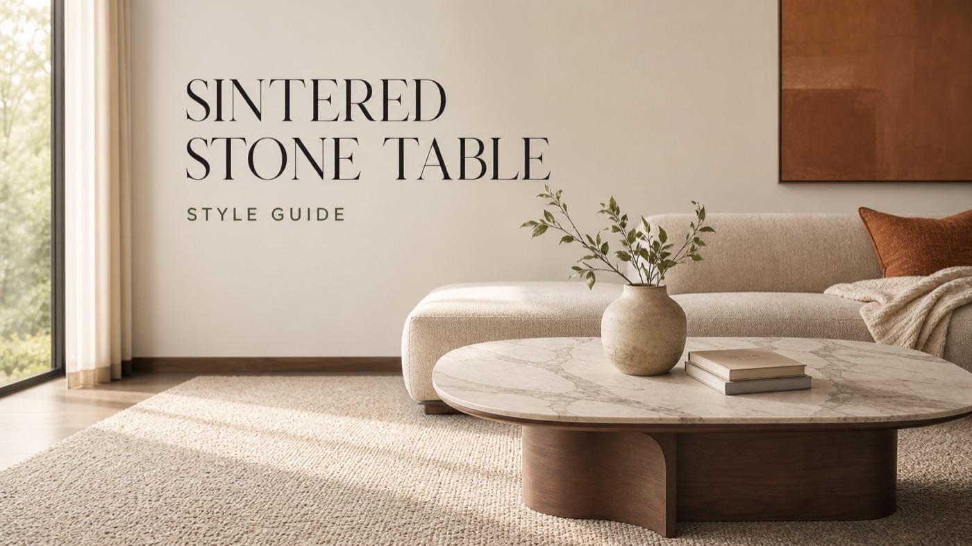 POVISON sintered stone coffee table styled with tray books and sofa