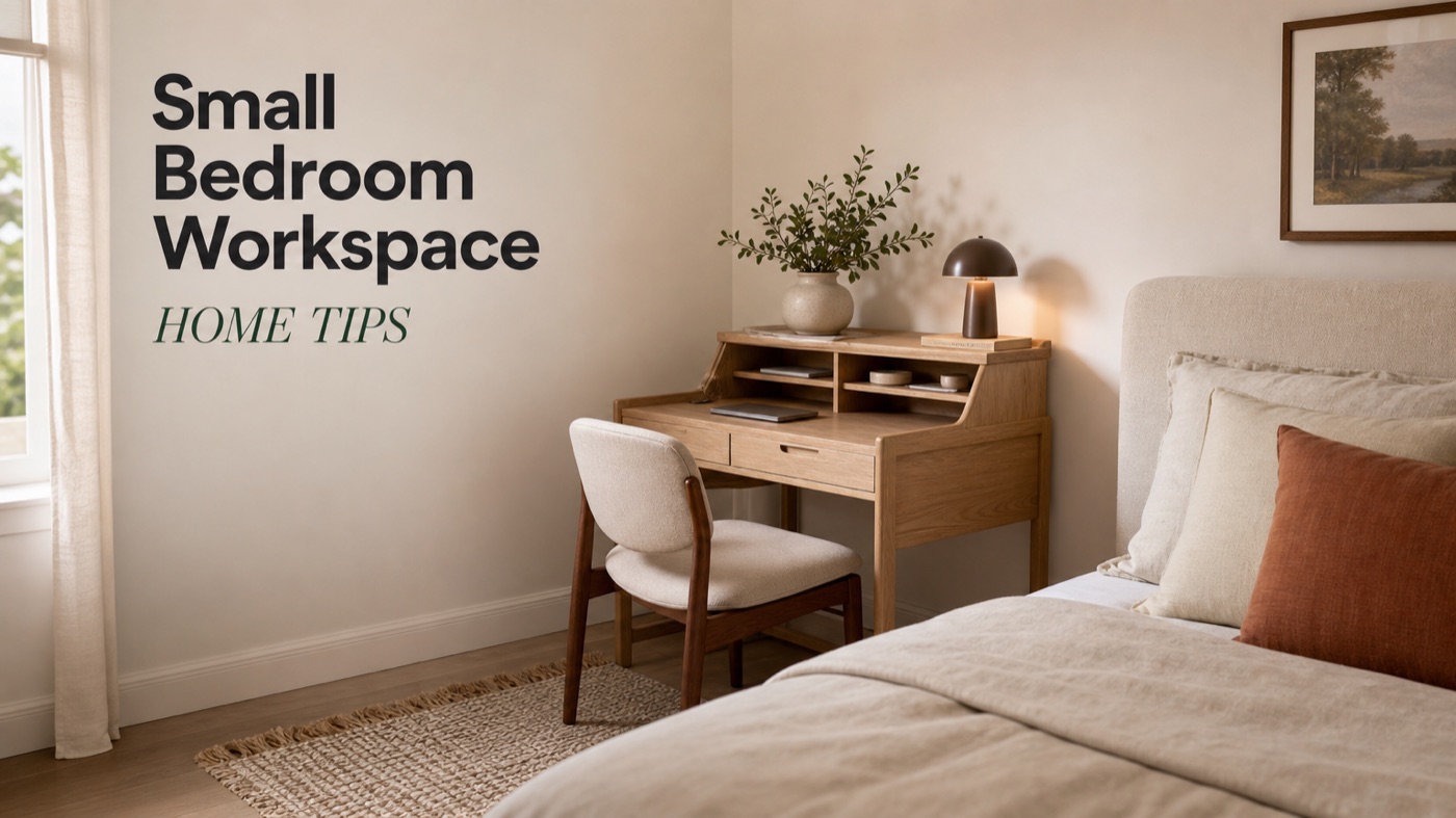POVISON small bedroom workspace with desk chair and storage