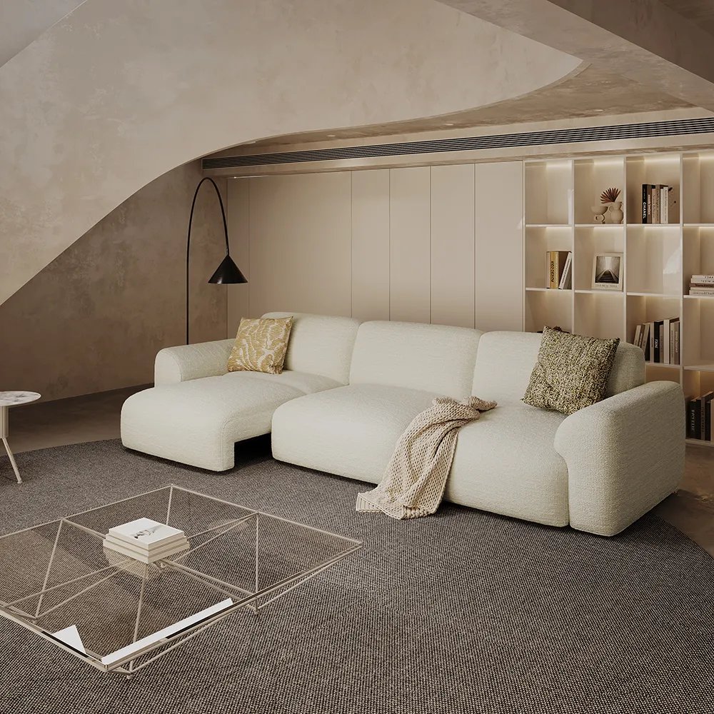 Compact sleeper loveseat in a neutral small room, showing a clean layout with open walking space around the seating area.
