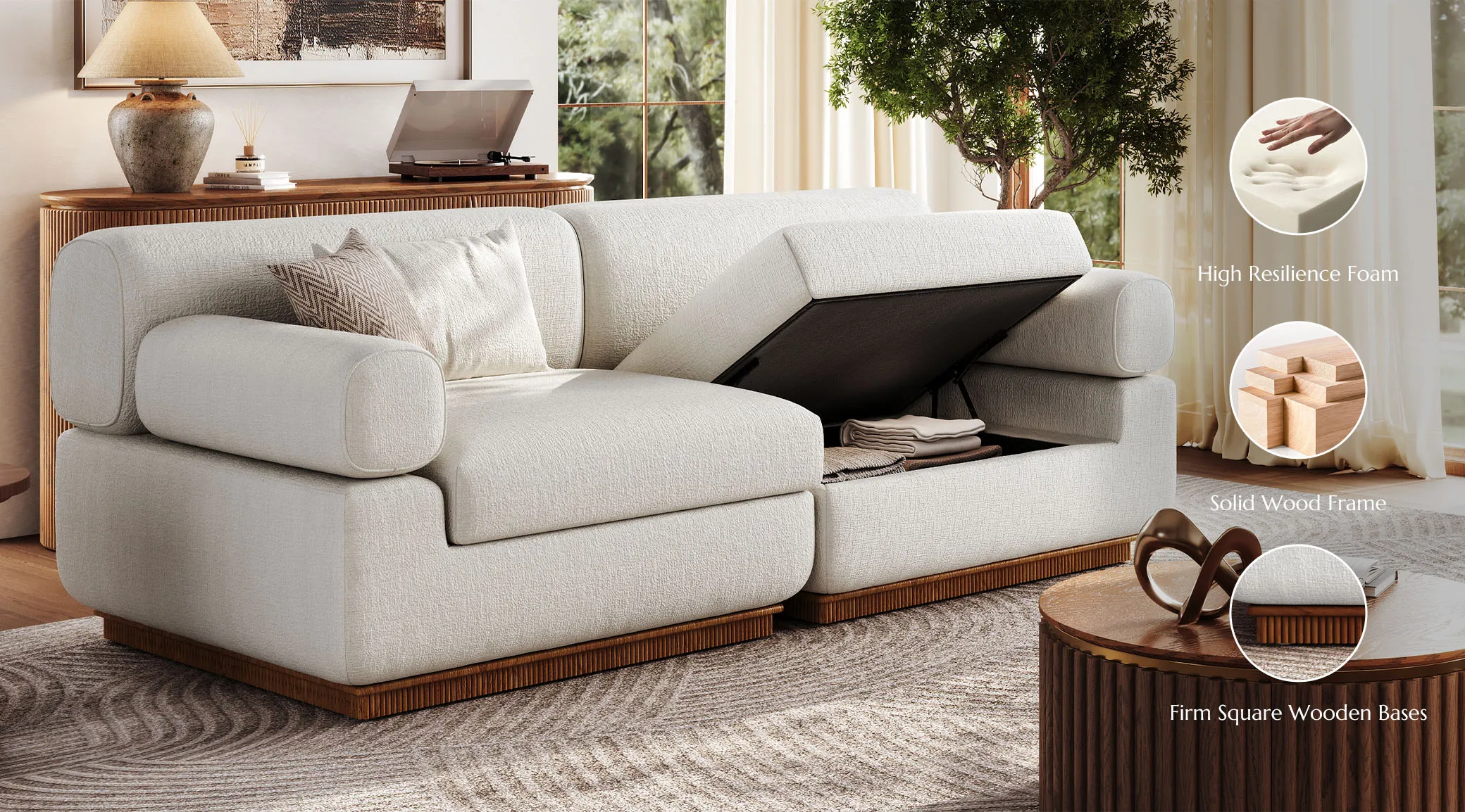 Beige storage loveseat sofa with chaise, lifted seat compartment, wooden base, high-resilience foam, and solid wood frame in bright modern living room.