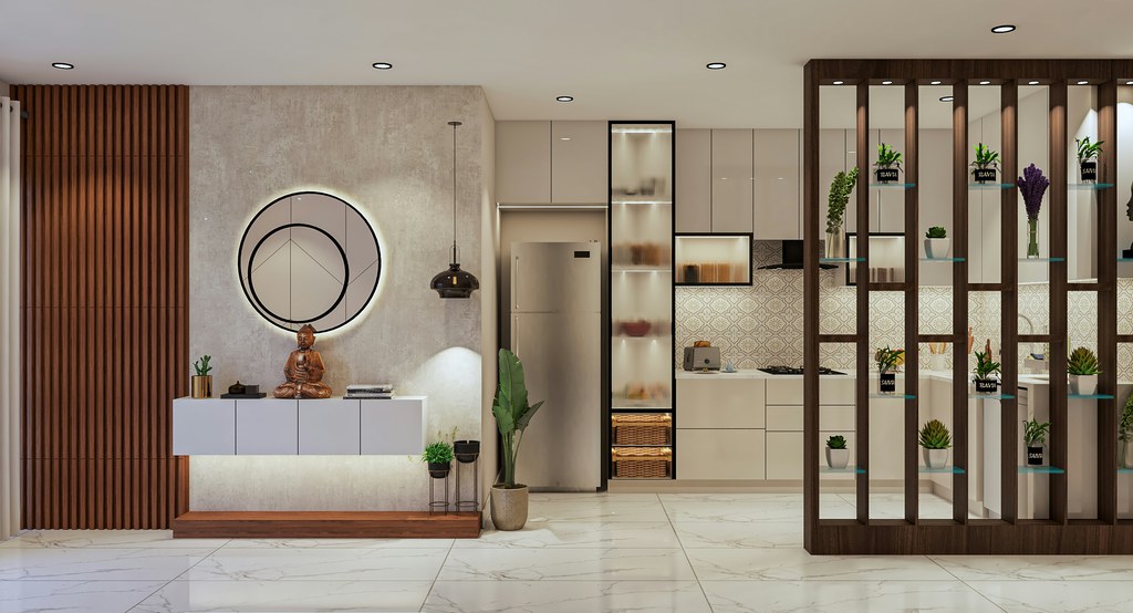 Modern interior with vertical wood slat panels, floating white console, circular wall art, open kitchen shelving, and plant-filled room divider.
