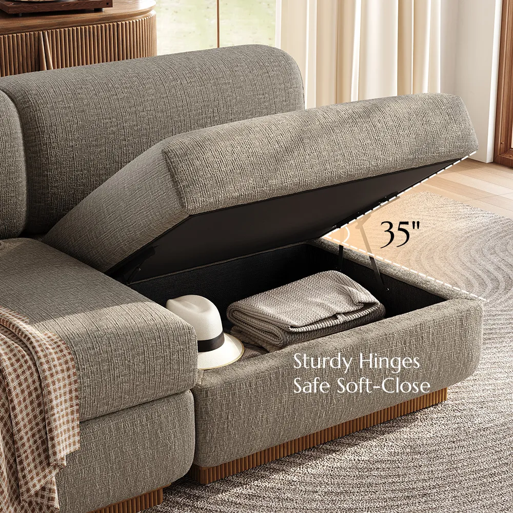 Khaki chenille storage sofa with hidden compartment styling, ideal for showing soft-item storage.