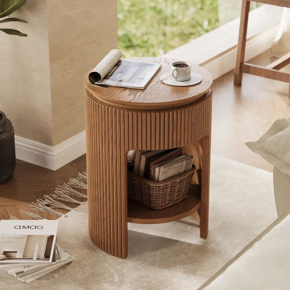 a round wood side table with a book and a cup of coffee on top, and storage for a basket of books, near a sofa and some books in a bright living room