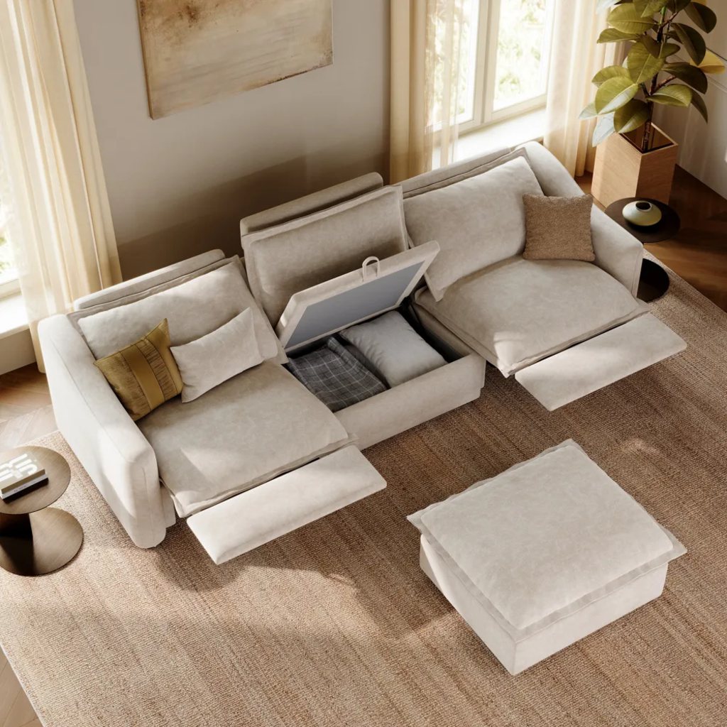 Ergopals-Power Reclining Sofa with storage and ottoman near a plant and a round side table in a cozy living room