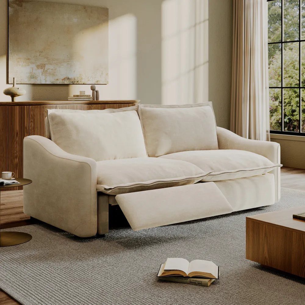 POVISON Ergopals-Power Reclining Loveseat with motorized functions near a round side table, a rectangular wood coffee table and a wood tufted cabinet with decorations on top in a bright and modern living room