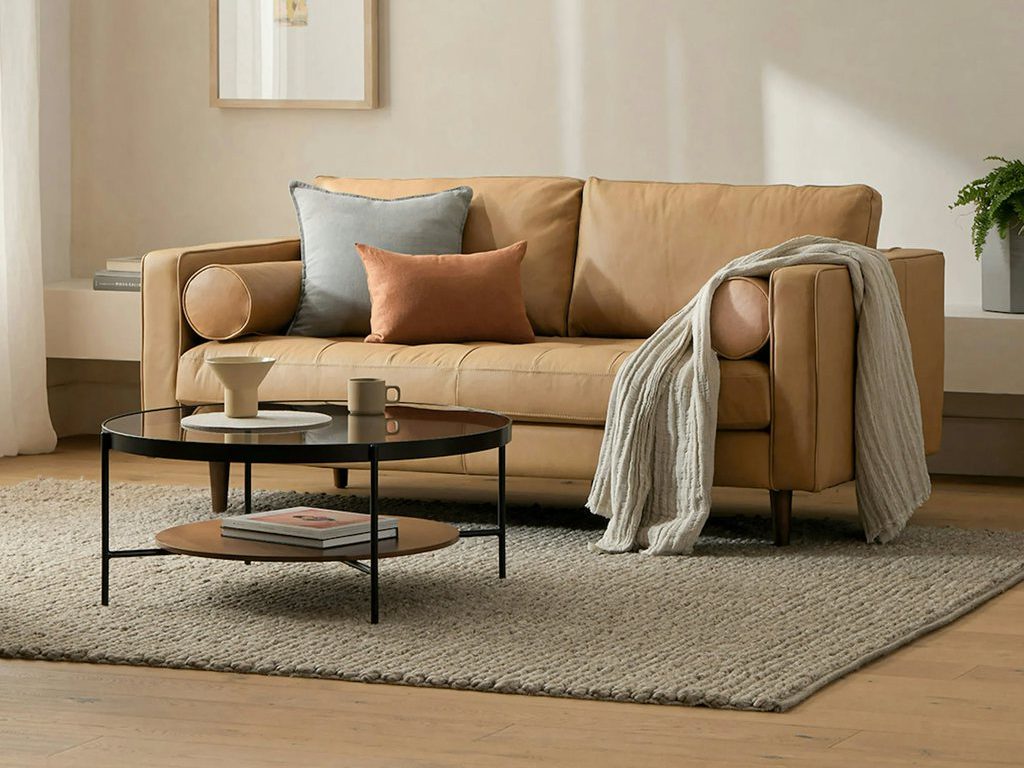 Article Sven 72" Tufted Leather Loveseat with square arms and roll cushions near a round coffee table in a modern and bright living room