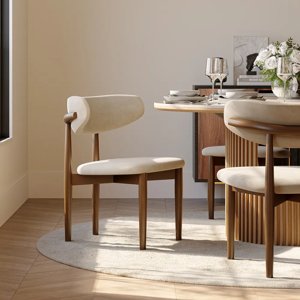 Lawson-Mid-Century Modern Wood Dining Chairs Set of 2 near a round dining table in a minimalist dining room