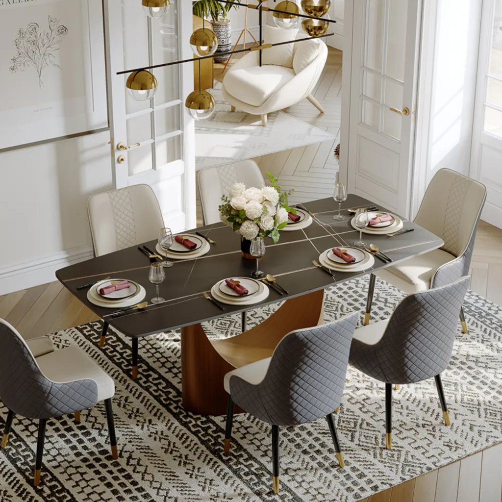 Hobart-Rectangular Sintered Stone Dining Table with six seaters and dishes, plates, glasses and decoration on top in a bright and modern dining room next to a living room