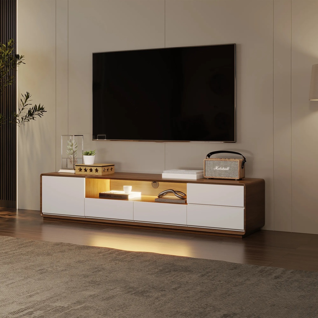 POVISON 70.87" White and Wood TV Stand with LED Lights, drawers for storage, a radio and some decorations on top near a plant in a modern living room