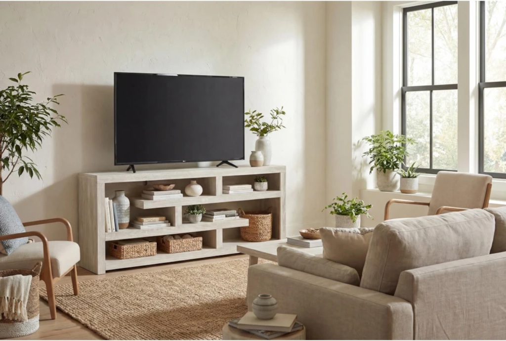 Living Spaces Kenzie White II 72" TV Stand with storage for books and stuff, a standing tv and vases on top in a bright and cozy living room