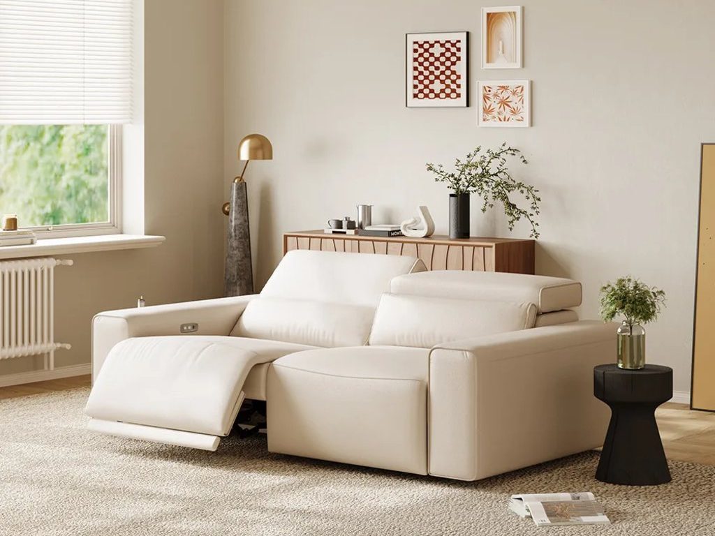Benjamin-Power Reclining Loveseat beside a black round side table with a vase on top near a floor lamp and a wood tufted storage cabinet with decorations, books and a plant on top in a modern living room