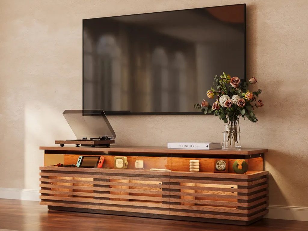 Selene-71" Horizontal Slatted TV Stand with Adjustable LED Lights, consoles, books and decorations in a modern living room