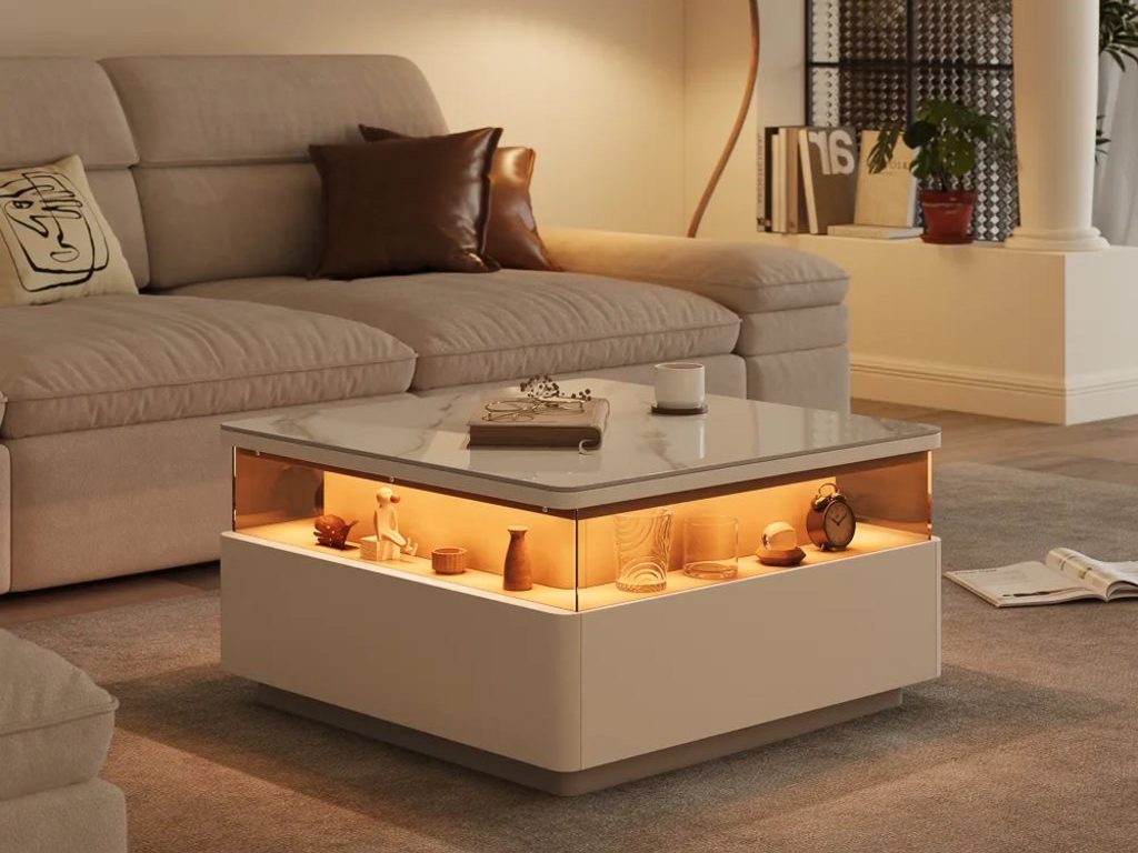 Aether-31" Square LED Coffee Table with storage and a cup on top near a white sofa in a minimalist and warm living room