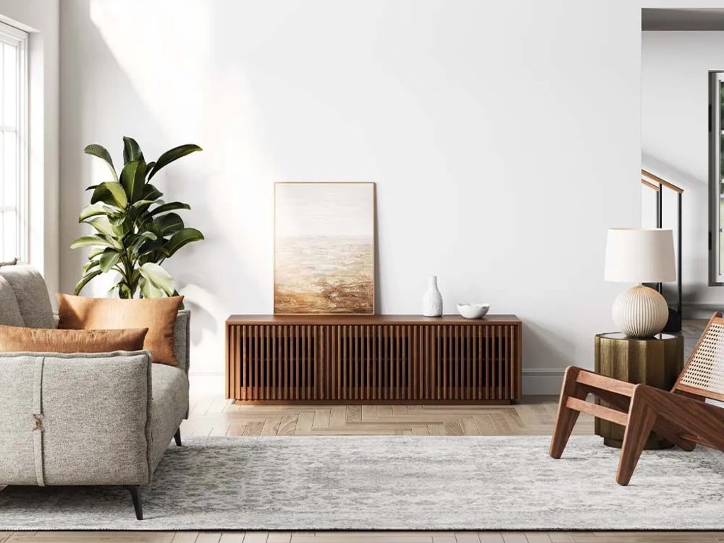 Aeolus-59" Modern Wood TV Stand with a painting, a vase and a tray on top beside a plant near sofa, a side table with a lamp on top and a wood accent chair in a modern traditional living room