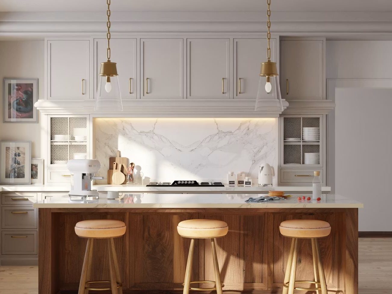 Modern kitchen with a warm wood island, marble backsplash, brass hardware, pendant lights, and light neutral cabinets.