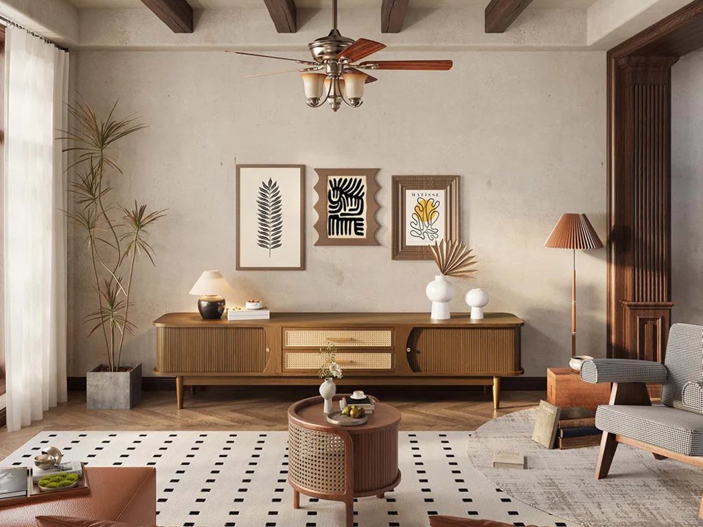 Modern rustic living room with exposed wood beams, warm wood furniture, botanical wall art, plants, and soft neutral decor.