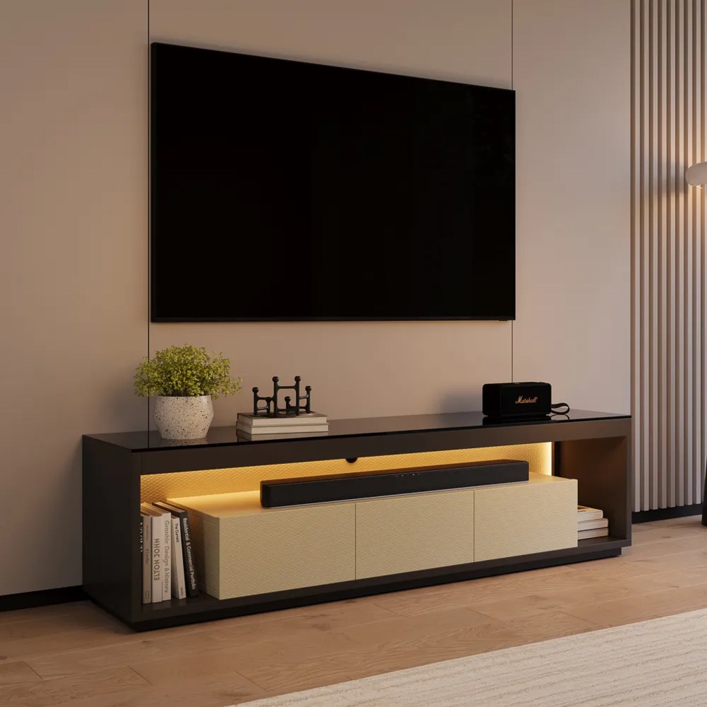 a tv stand with books, a plant and a soundbar on top and LED lights against a grey wall below a mounted tv in a warm and minimalist living room