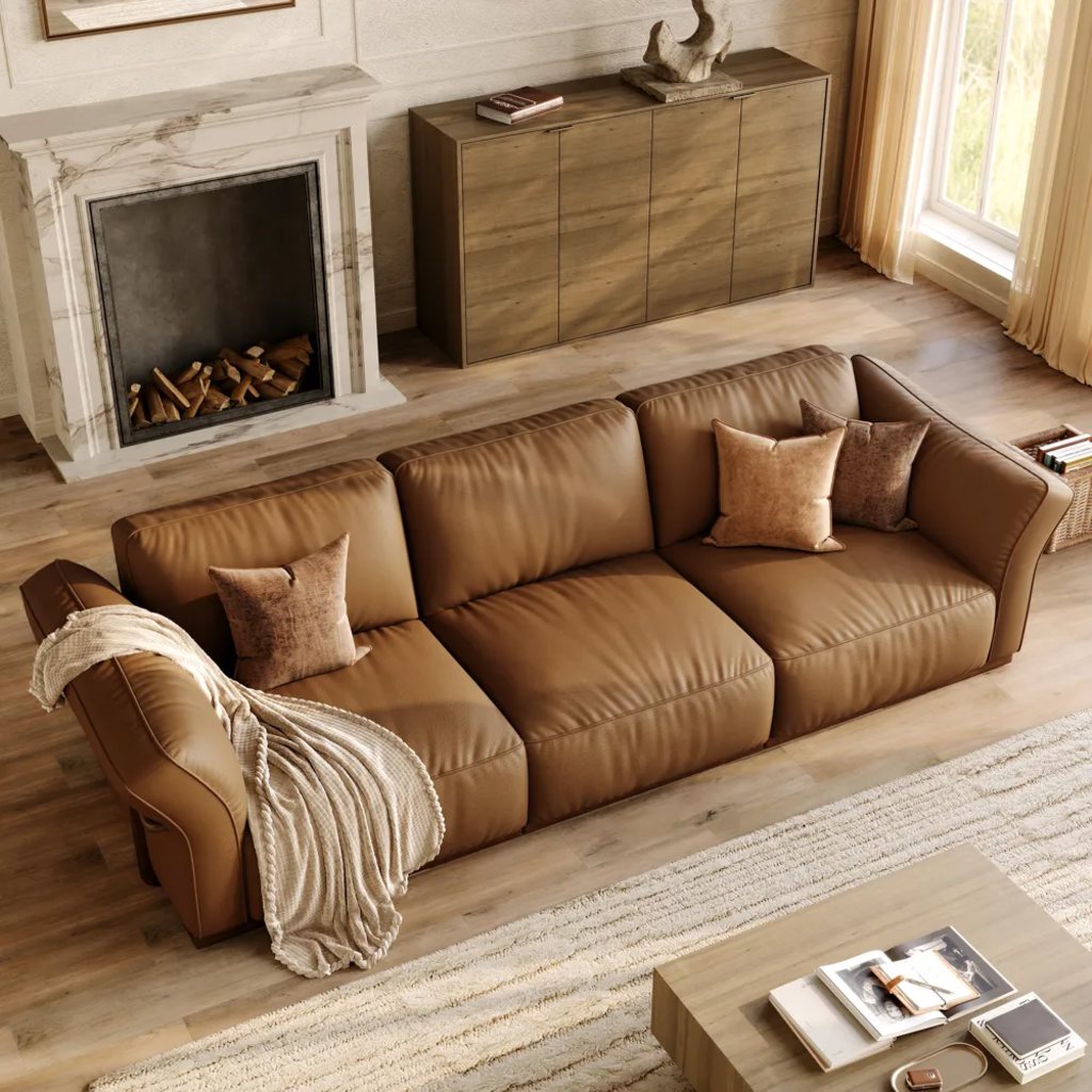 Brown leather sofa styled with neutral pillows and a cream throw in a warm living room with wood storage and fireplace.