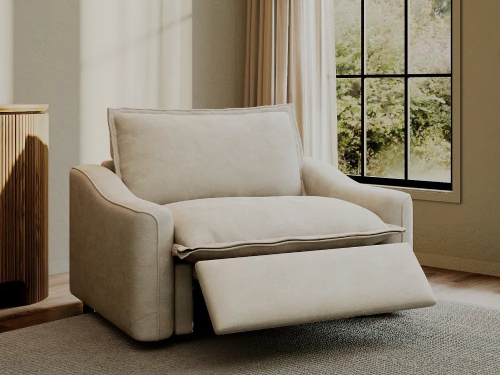Ergopals-48" Modern Oversized Power Reclining Sofa with Pet-Friendly Fabric near a round tufted side table in a bright living room