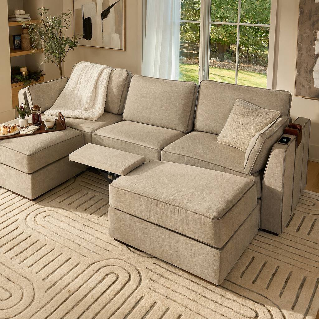 Beige modular reclining sectional with a chaise, extended footrest, and oversized ottoman in a bright living room.