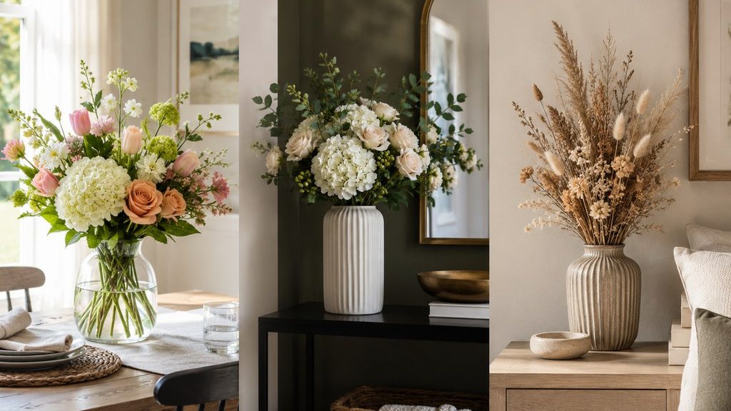 Fresh flowers on a sunlit dining table, faux blooms on a dark console, and dried stems on a neutral wood sideboard.