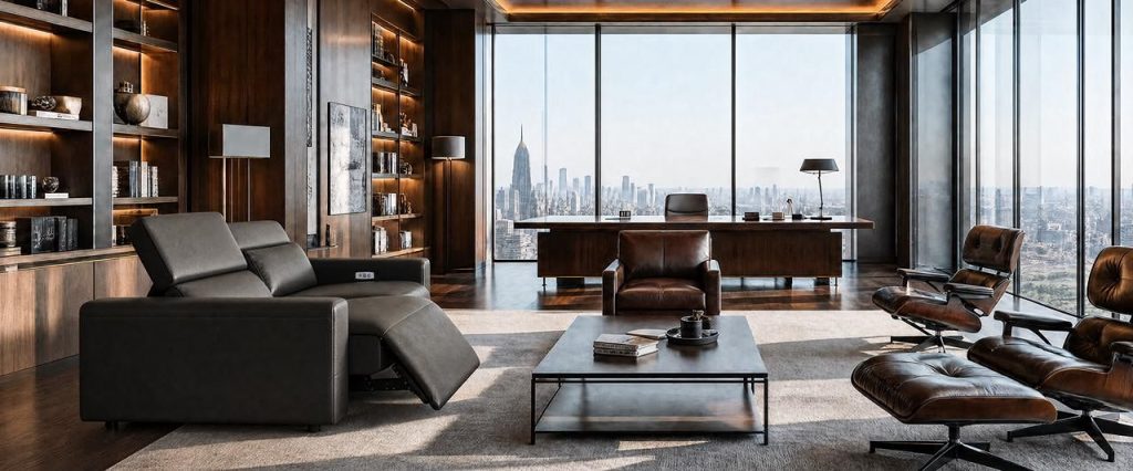 Black power reclining sofa with an extended footrest in a modern high-rise office lounge with floor-to-ceiling windows.