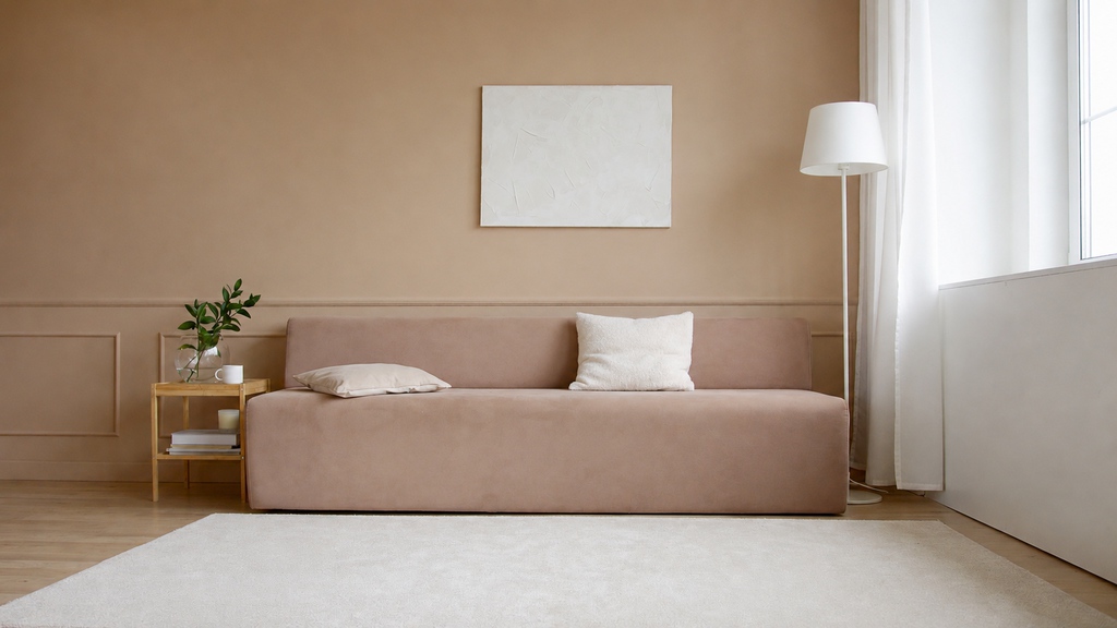 Blush pink sofa bed styled with neutral pillows, a side table, floor lamp, wall art, and a light area rug in a minimalist living room.