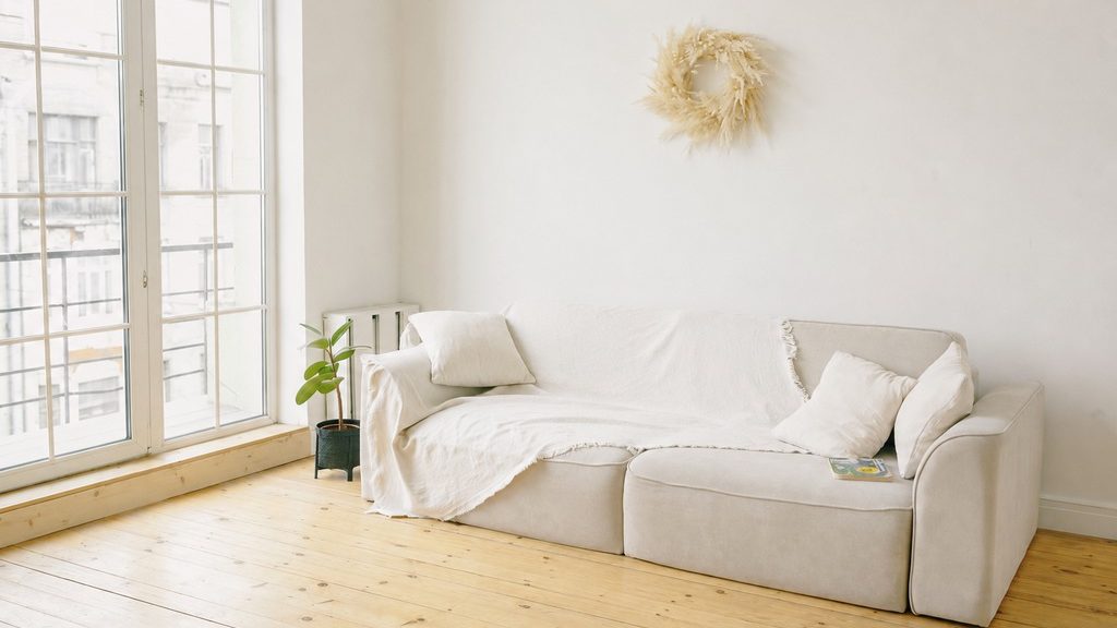 Bright minimalist living room with an empty cream sofa, pale cushions, a dried wreath, a potted plant, and large grid windows.