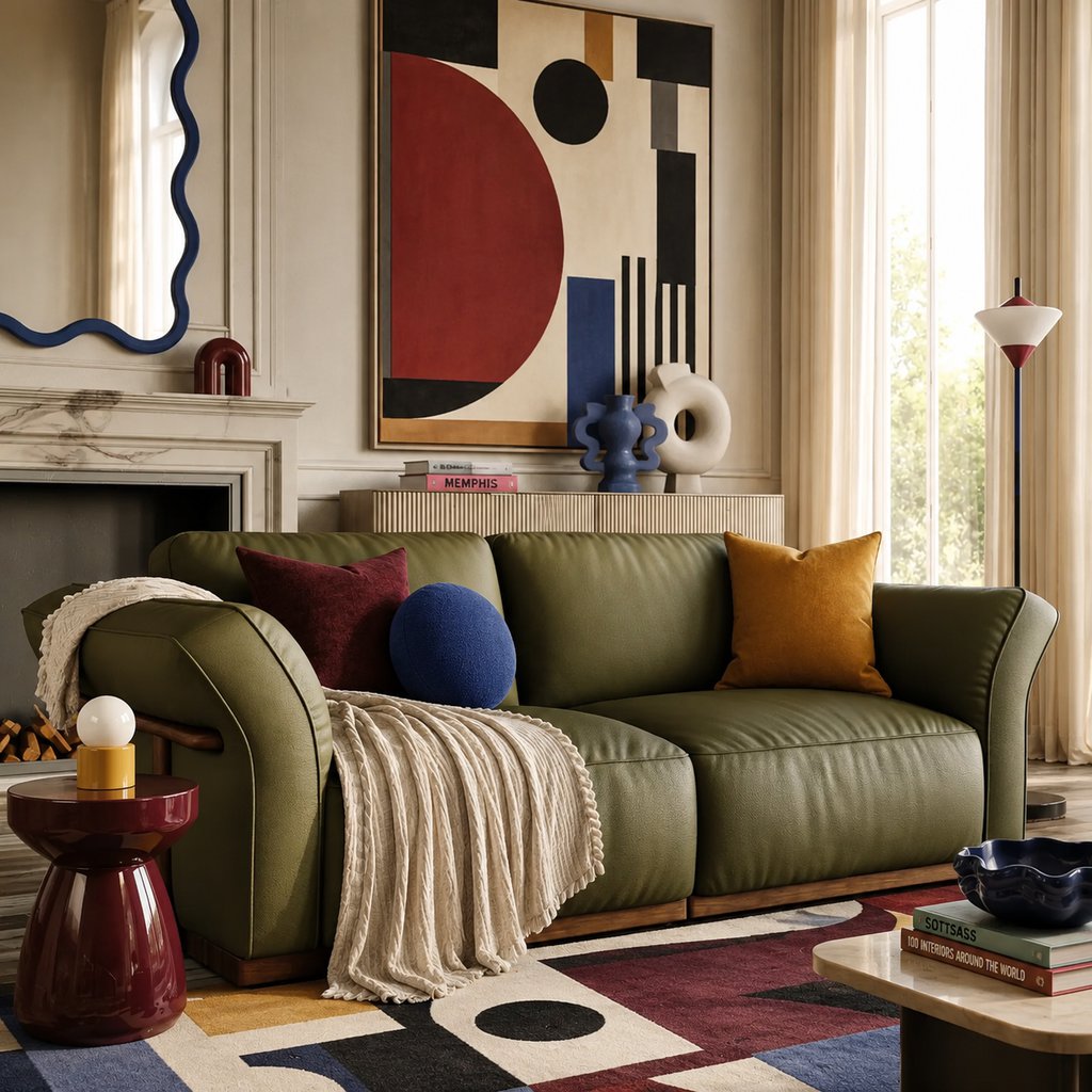 Postmodern living room with an olive green sofa, bold geometric rug, abstract wall art, sculptural decor, and colorful accent pillows.