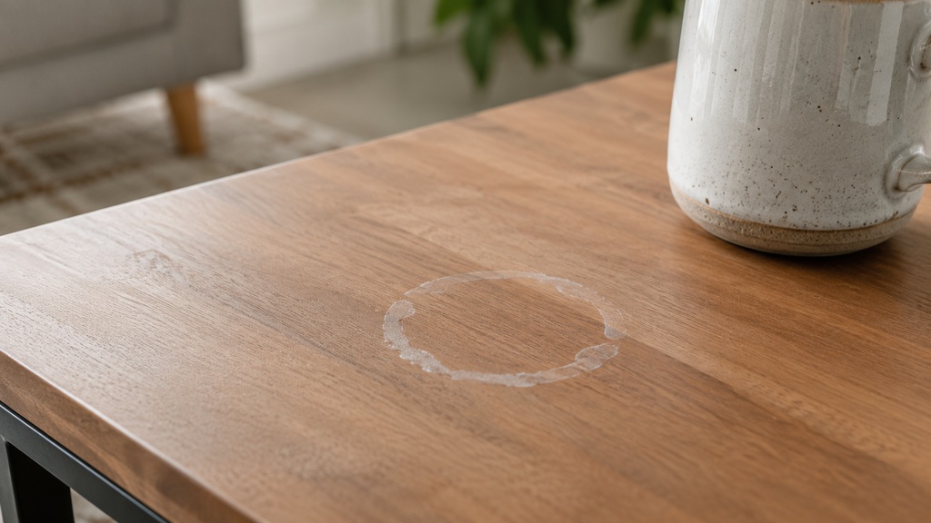 White cloudy water ring on a wooden coffee table beside a ceramic mug.