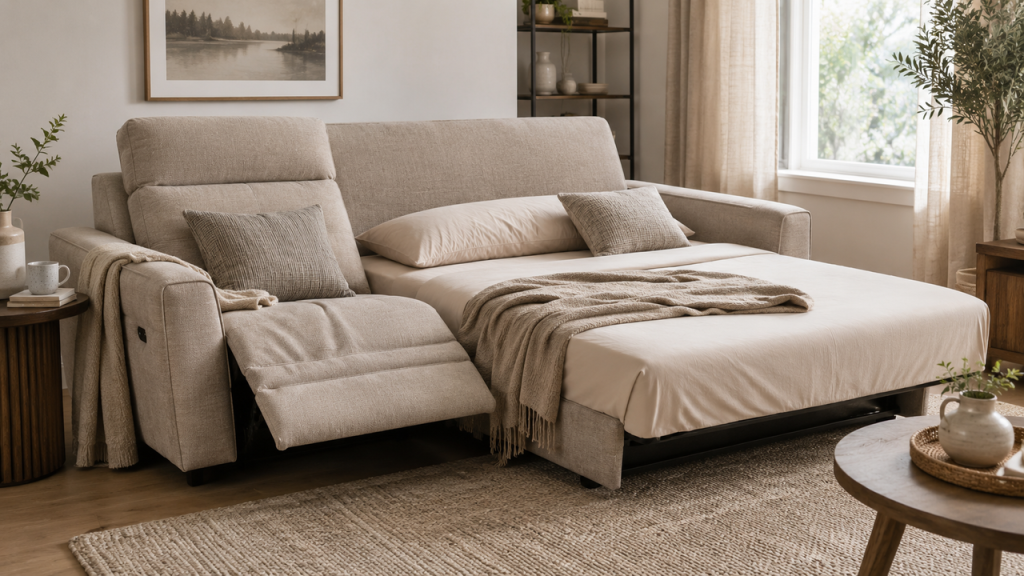 L-shaped modern reclining sofa bed extended into a cozy guest bed with neutral linens on a textured jute rug.