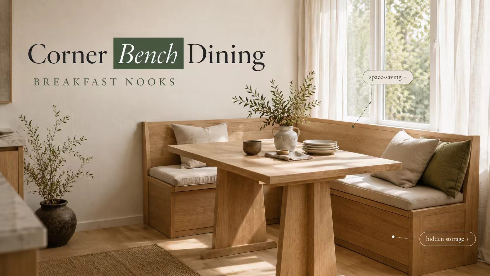 Editorial guide featuring an oak wooden corner bench dining set with integrated hidden storage.