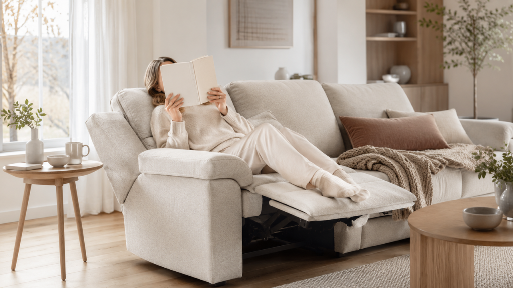 Woman relaxing and reading a book on a modern cream reclining sofa in a bright, cozy living room.