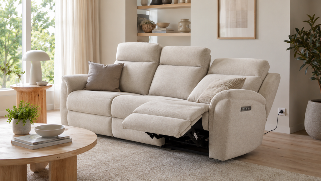 Cream fabric power reclining sofa with footrest extended in a bright, modern living room with oak wood furniture.