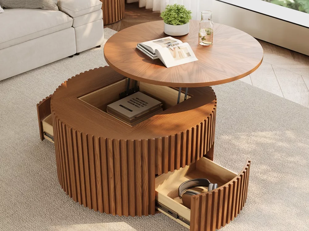 a round minimalist coffee table with storage in brown for cozy and stylish living rooms