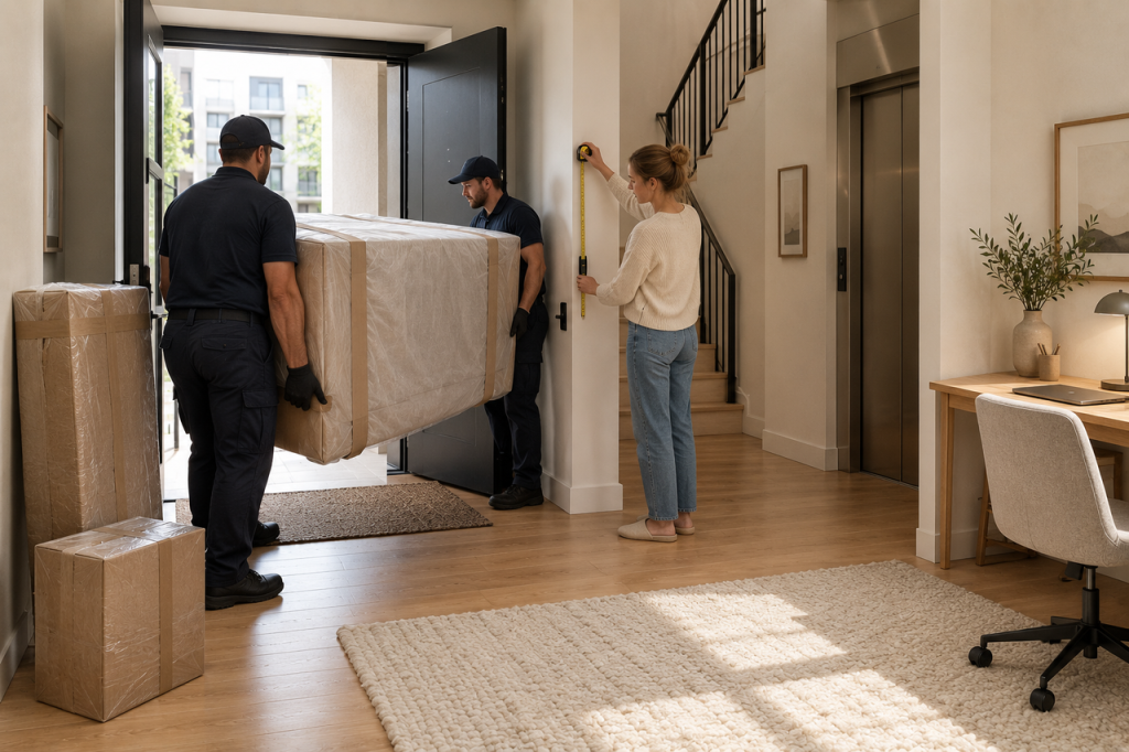 Two delivery men carrying a large boxed sofa through a door while a woman measures the hallway entry space.