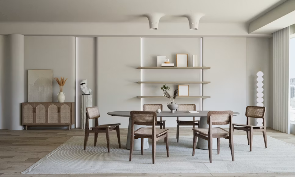 Sleek grey concrete-look oval dining table surrounded by dark wood rattan chairs in a minimal interior.