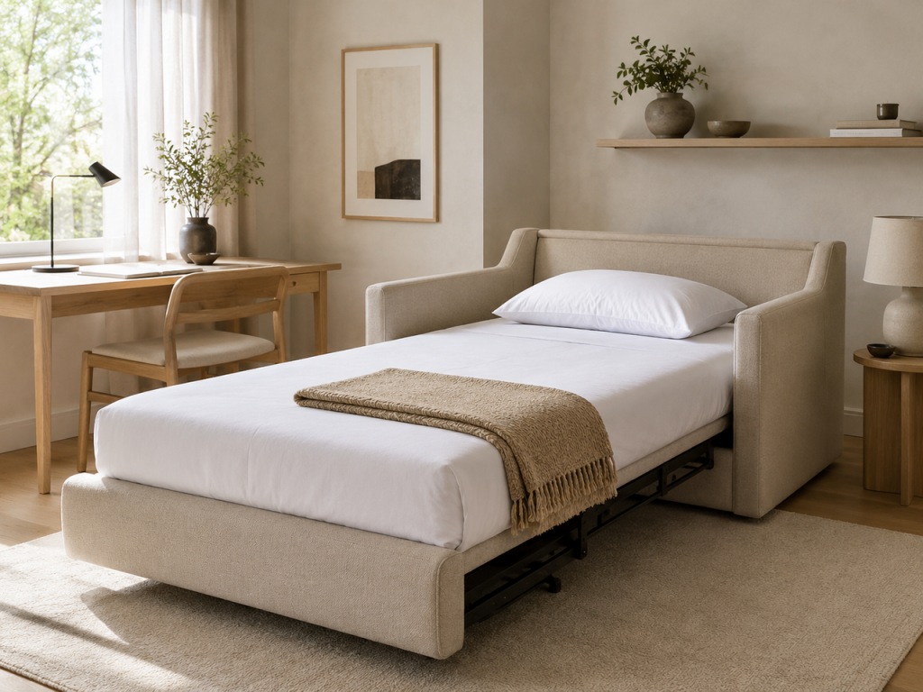 Clean, cream-colored twin daybed sofa bed extended into a comfortable single bed in a neutral styled room.