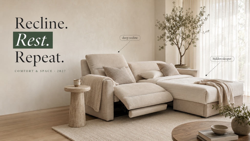 Beige modern reclining sofa bed with a deep recline seat and hidden sleeper chaise in an elegant minimalist living room.