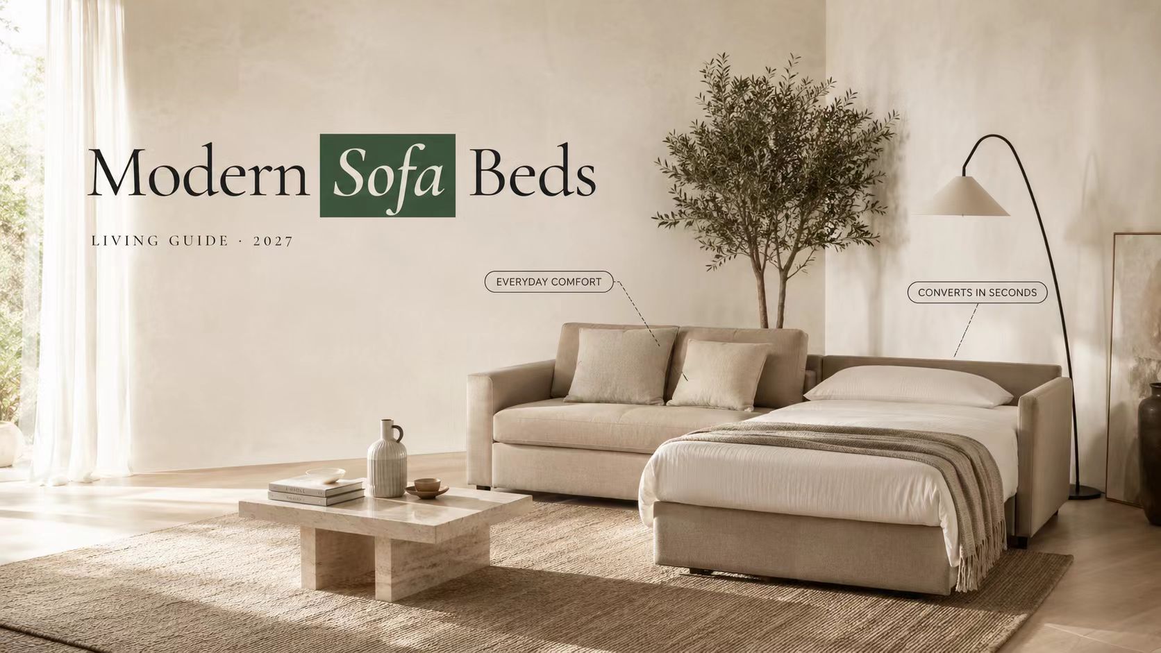 Beige sectional sofa bed with one side extended as a comfortable sleeper in a minimal, bright living room.