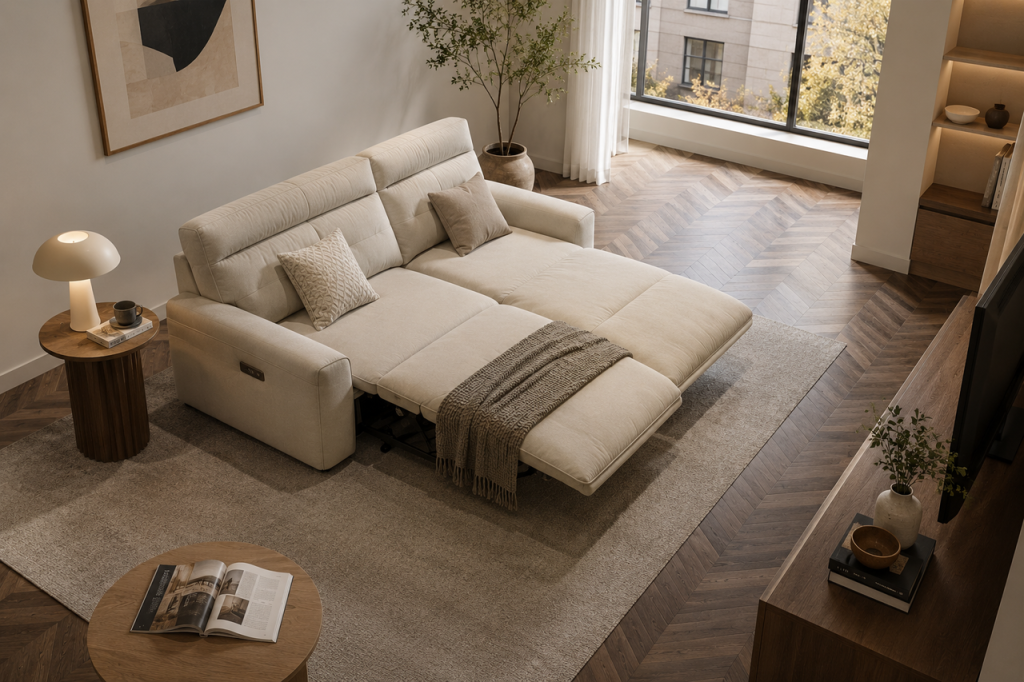 High-angle overhead shot of a modern reclining sofa bed fully open on a grey rug in a cozy, minimalist living room.