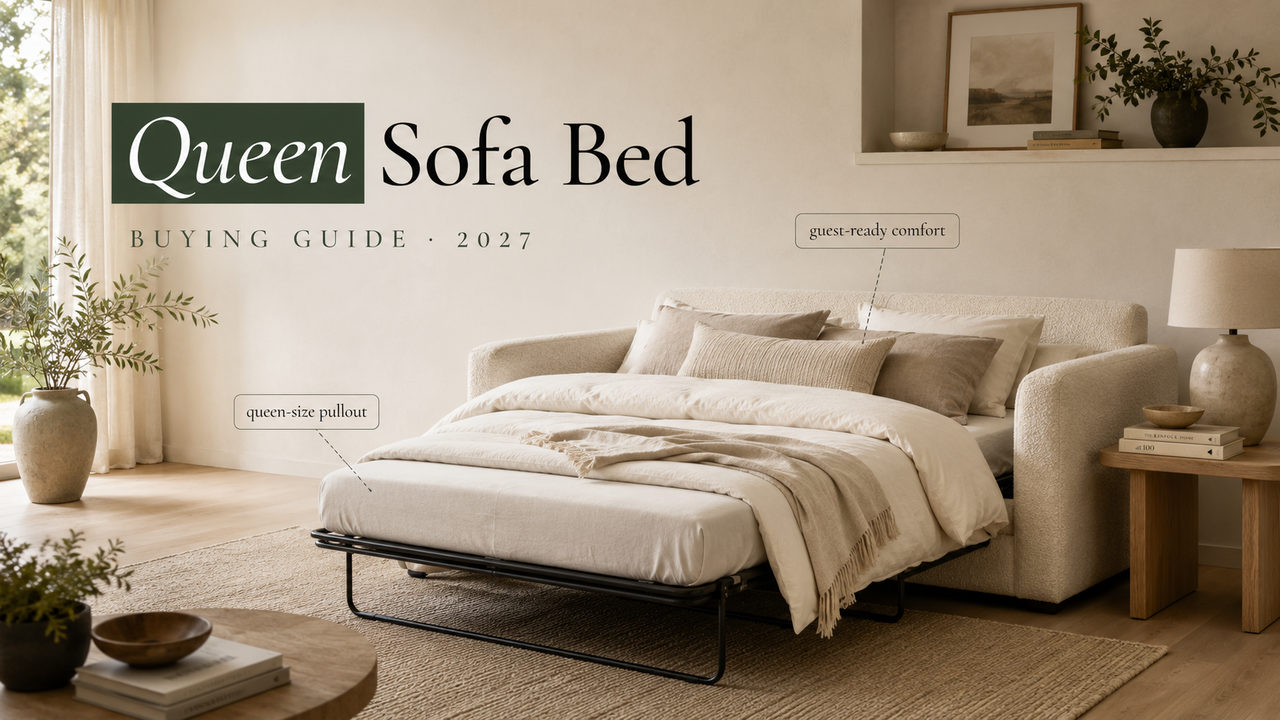 Cream boucle queen sofa bed fully extended with guest-ready pillows in an elegant, minimal living room.