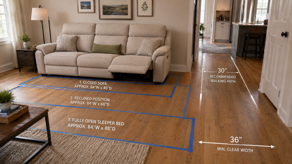 Graphic showing sofa bed dimensions and walking path clearance marked with blue tape on a hardwood floor.
