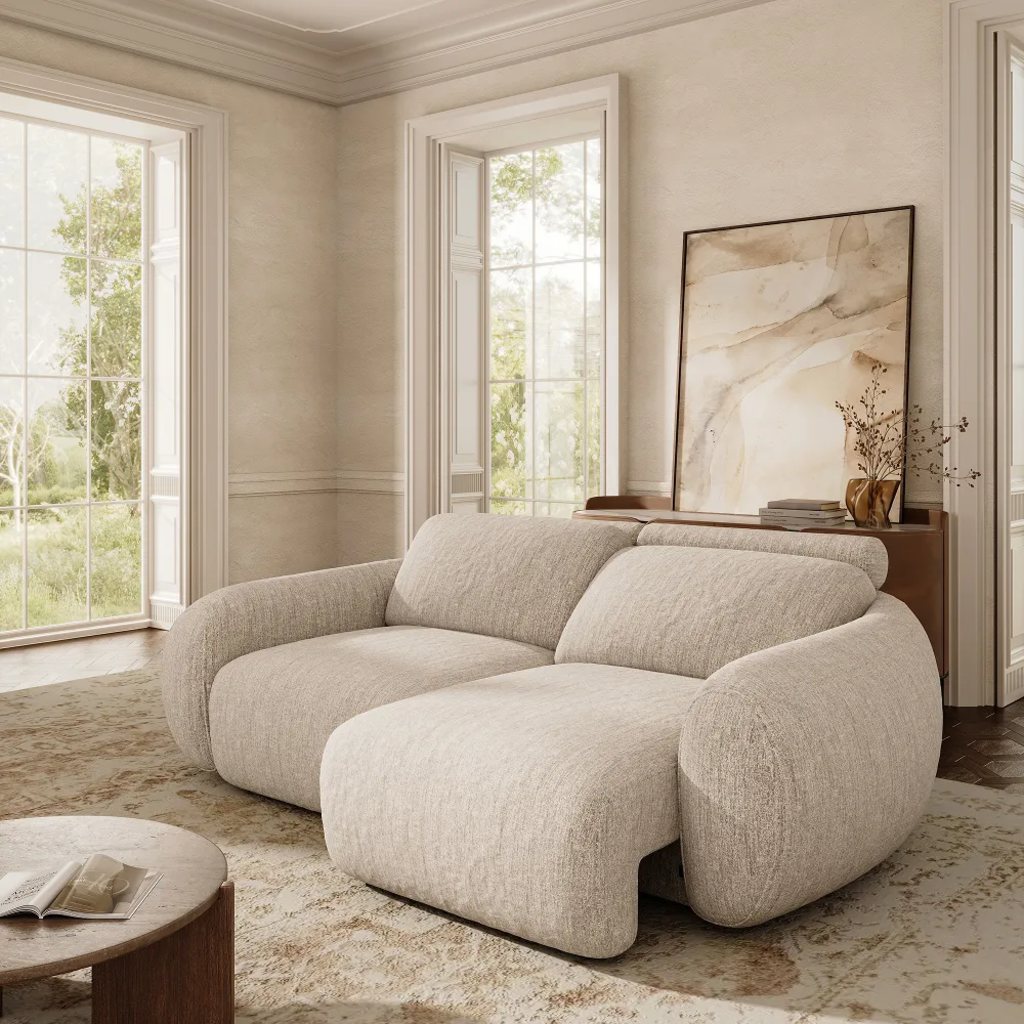 Beige sleeper sofa with an extended seat in a bright, elegant living room